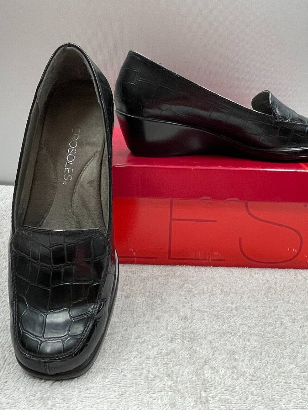 Aerosoles Black Croc Leather Wedge Loafers - Size 5.5 - Comfort Slip-Ons
